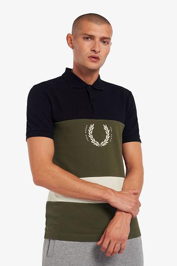 Navy Fred Perry Printed Colour Block Polo Men's Shirts | PH 1520RVDW